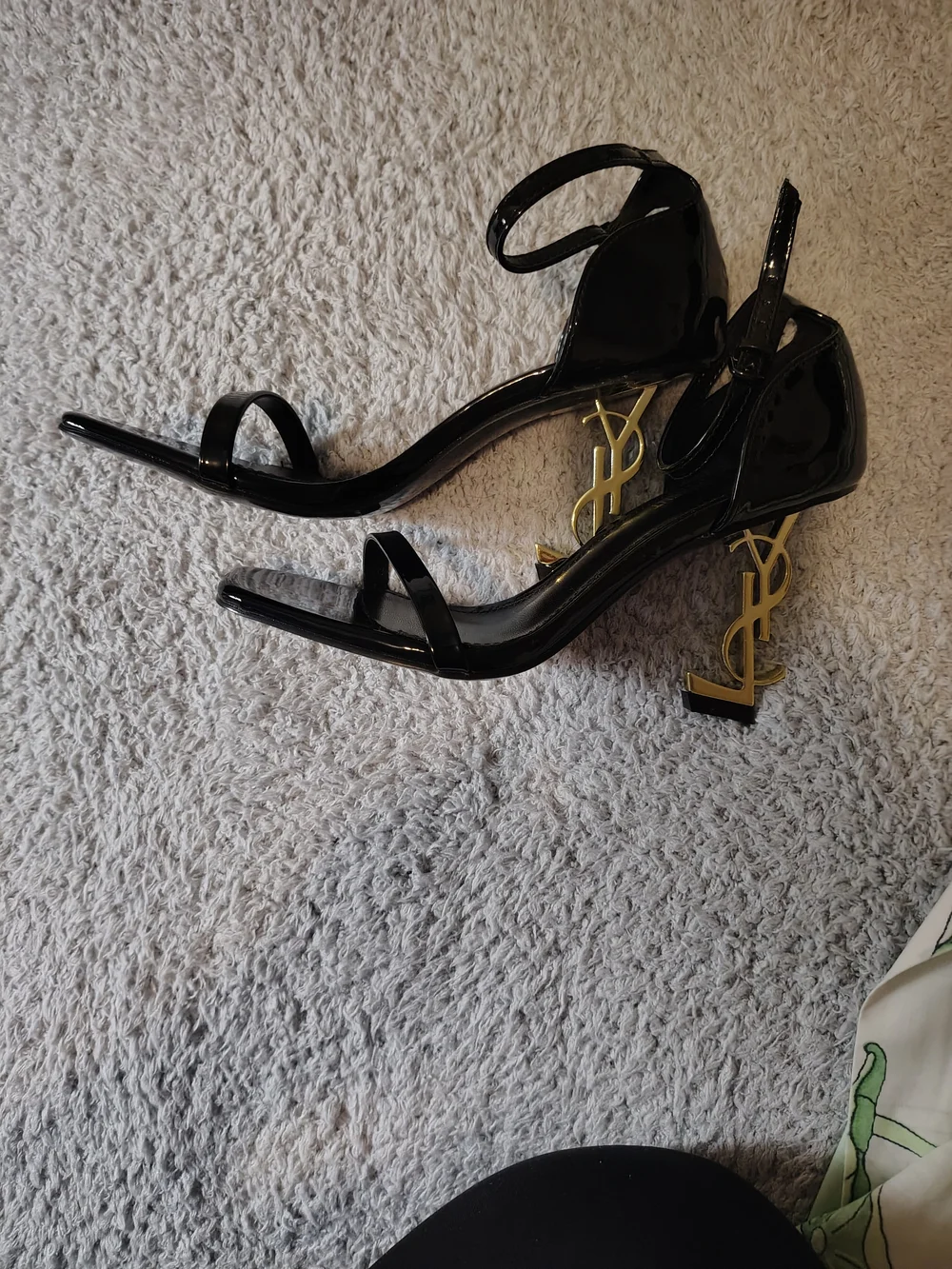 Saint Laurent Black Patent Opyum Logo Heel Sandals - Picture 1 of 10